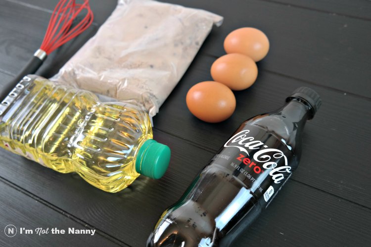 Ingredients for football field cake: Coke Zero, eggs, oil, and cake mix