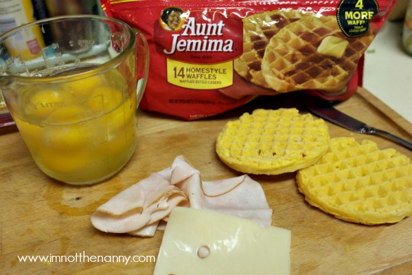 Assembling frozen waffle breakfast sandwiches #shop #4MoreWaffles at I'm Not the Nanny