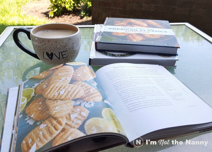 Reading cookbooks on patio
