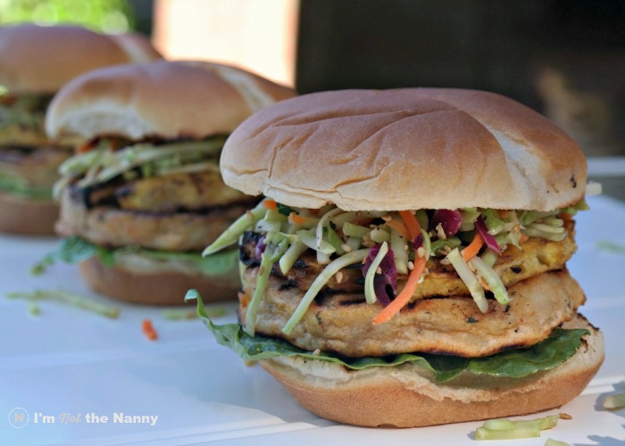 Fish burgers with grilled pineapple and sesame slaw on I'm Not the Nanny